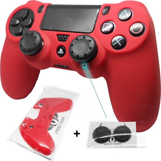 Holy grips Basics PS4 Controller Skin Hoesje Silicone Case – Rood + Thumb Grips – Zwart – Low-rise