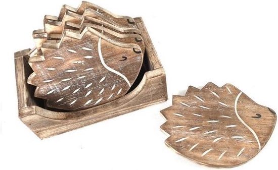 Woodart houten onderzetters egel 6 stuks in houder