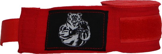 Rode bokszakhandschoenen met zwart label met geborduurde beer.