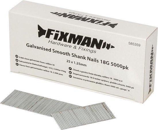 Fixman Gegalvaniseerde 18 Gauge - Tacker Spijkers - Gladde Schacht - 25 x 1.25 mm - 5000 stuks