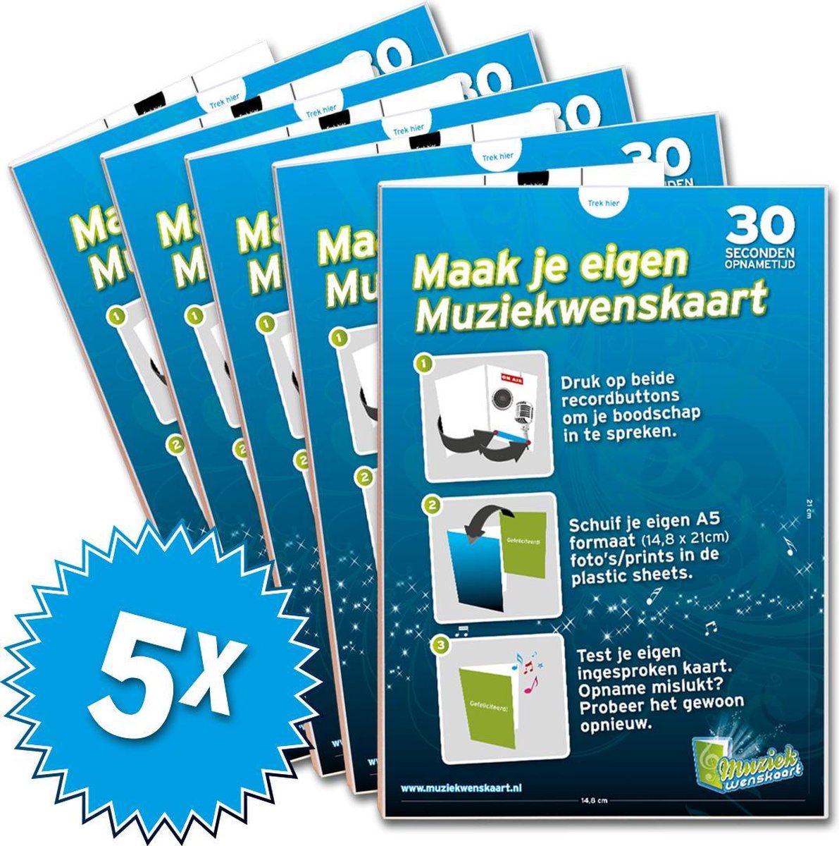 5x Muziekwenskaarten 30 seconden - zelf opneembaar - spreek je eigen boodschap in - wenskaart met geluid - muziekwenskaart.nl