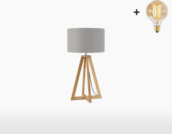 Tafellamp – EVEREST – Naturel Bamboe - Lichtgrijs Linnen - Met LED-lamp