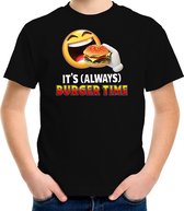 Funny emoticon t-shirt its always burger time zwart voor kids XS (110-116)