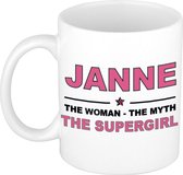 Naam cadeau Janne - The woman, The myth the supergirl koffie mok / beker 300 ml - naam/namen mokken - Cadeau voor o.a verjaardag/ moederdag/ pensioen/ geslaagd/ bedankt