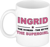 Naam cadeau Ingrid - The woman, The myth the supergirl koffie mok / beker 300 ml - naam/namen mokken - Cadeau voor o.a verjaardag/ moederdag/ pensioen/ geslaagd/ bedankt