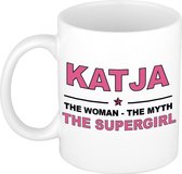 Naam cadeau Katja - The woman, The myth the supergirl koffie mok / beker 300 ml - naam/namen mokken - Cadeau voor o.a verjaardag/ moederdag/ pensioen/ geslaagd/ bedankt