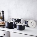 Zwarte BK kookpannen met RVS deksels en handvatten op een inductiekookplaat.