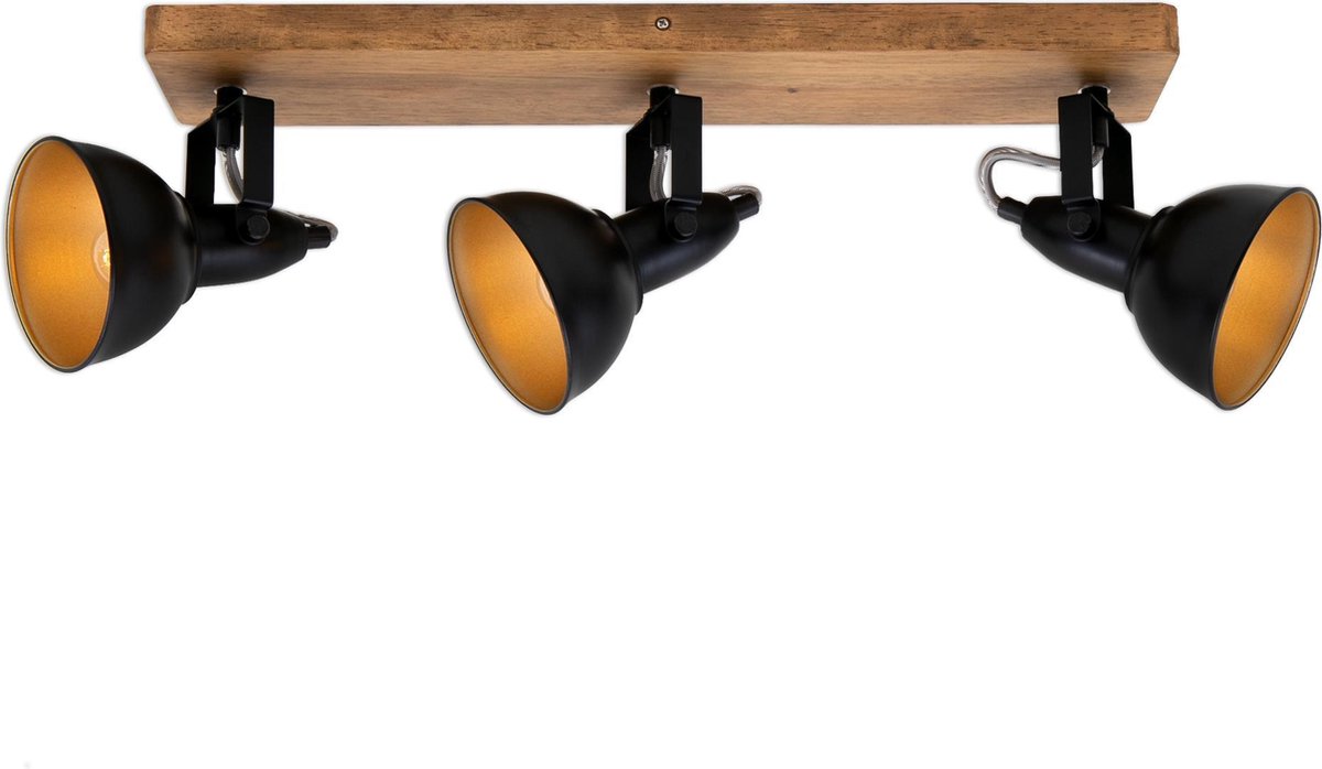 Briloner Leuchten WOOD & STYLE plafondlamp - spot draaibaar - 3-lichts E14 - Hout en Metaal - Zwart en goud