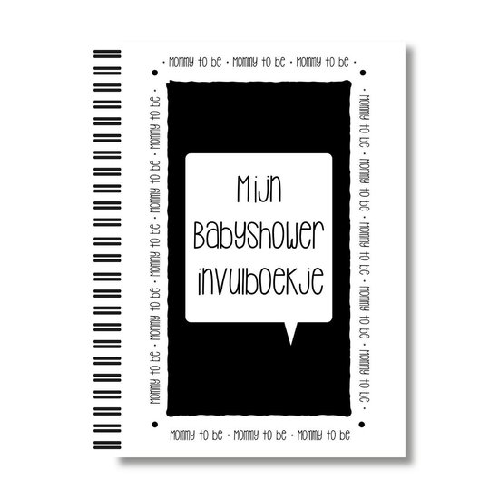 Omslag van een babyshower invulboekje met zwarte achtergrond en tekst 'Mijn Babyshower invulboekje'.