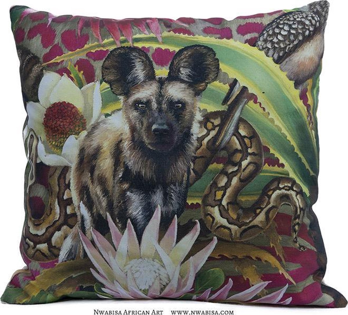 African Jungle Wilde hond Kussenhoes - WhimsicalCollection - Katoen 45 x 45 cm met rits sluiting - Afrika - Jungle - Wilde dieren - Kleed jouw huis of tuin prachtig aan met deze kussenhoes. Gemaakt in Zuid Afrika - Kussen niet inbegrepen