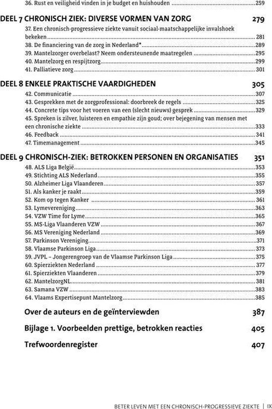 Boekpagina met inhoudsopgave voor "Beter leven met een chronisch-progressieve ziekte". Tekst in het Nederlands.