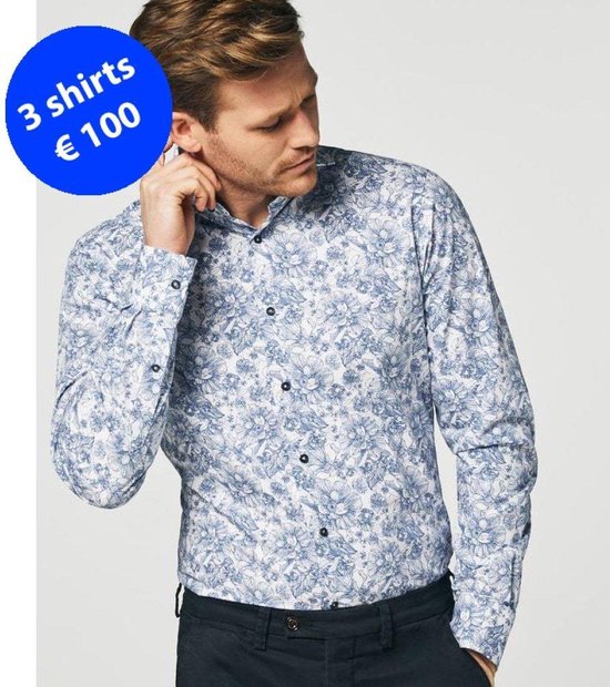 Michaelis Slim Fit overhemd - blauw met wit bloemen dessin - boordmaat 43 |  bol.com