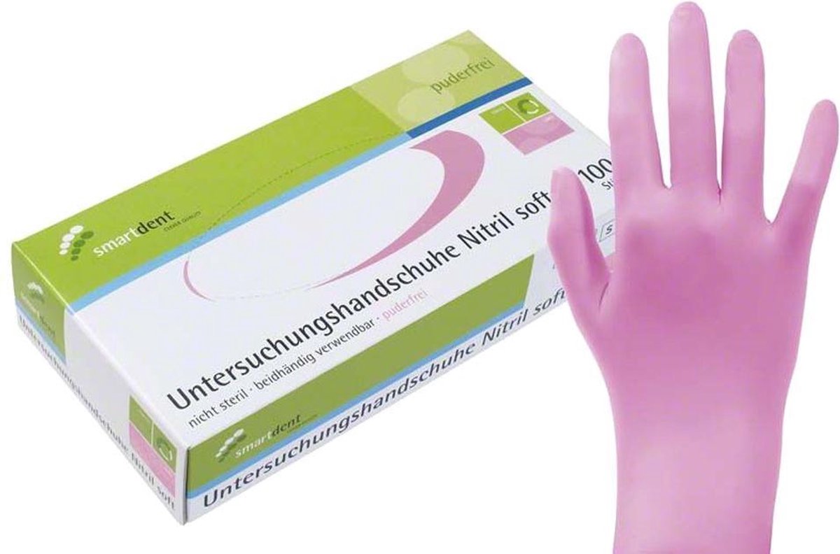 Goedkoopste Smartdent wegwerphandschoenen poedervrij ROZE, nitril - maat L, gezondheidszorg, voedselindustrie, beauty branche, chemische industrie, uitvaartzorg.
