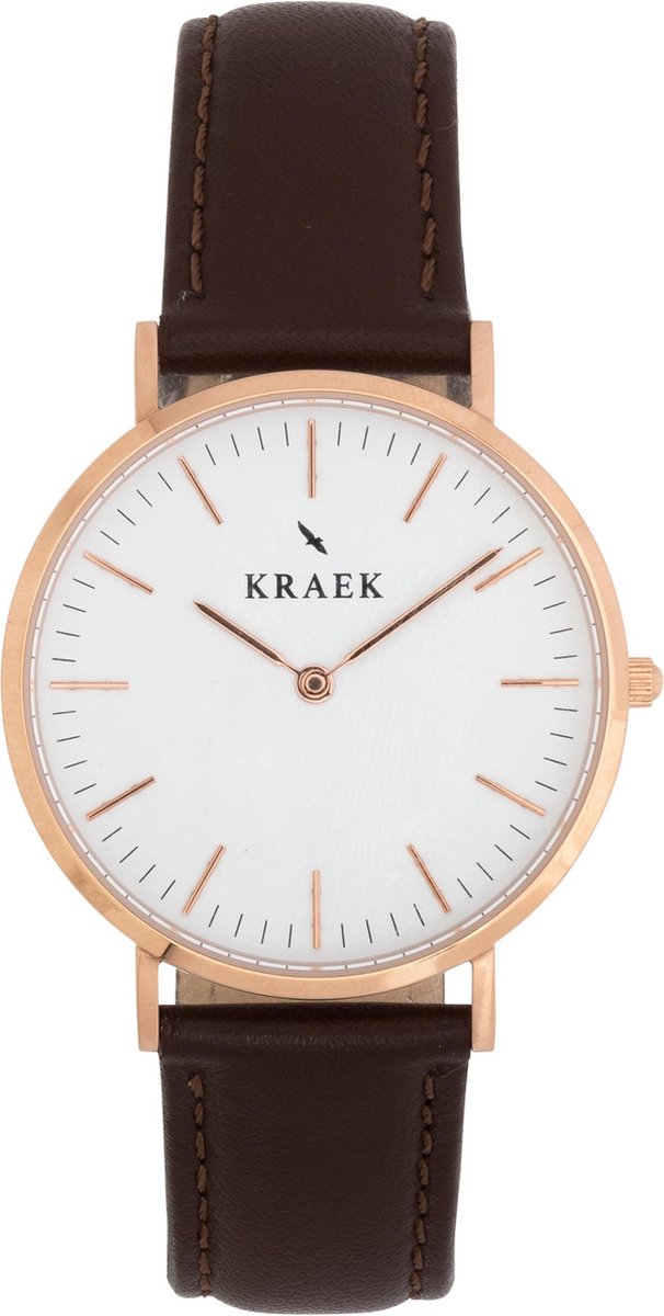 KRAEK Lark Rosé Goud Wit 36 mm | Dames Horloge | Bruin horlogebandje | Easy click bandje | Echt leder