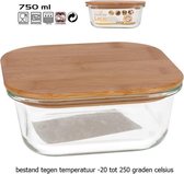 1x Glazen voorraad/vershoud bakje bamboe deksel vierkant 15,5 x 15,5 x 7,5 cm - 750 ml - Bewaarbakjes ovenbestendig glas