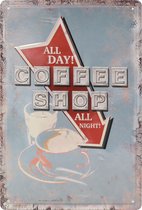 Wandbord – Coffee Shop  – Koffie  - Vintage - Retro -  Wanddecoratie – Reclame bord – Restaurant – Kroeg - Bar – Cafe - Horeca – Metal Sign - 20x30cm