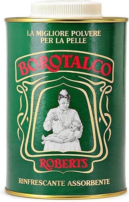Borotalco Roberts talkpoeder in groene blik. In het midden een medaillon met een verpleegster die een baby vasthoudt. "LA MIGLIORE POLVERE PER LA PELLE".