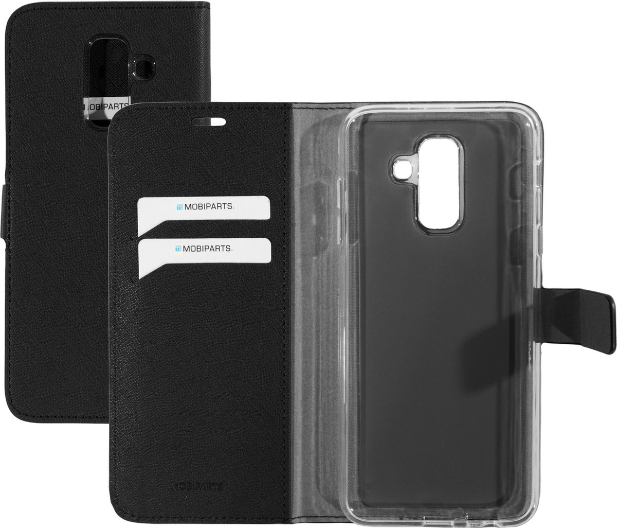 Samsung Galaxy A6+ (2018) Hoesje - Saffiano Wallet/Portemonnee hoesje - Magneet Sluiting - 3 Opbergvakken - Zwart - Mobiparts