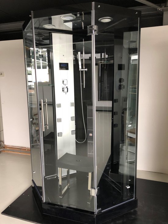 Freya Rustica Infrarood Stoomcabine Spa 1 persoons vijfhoek Black 100x100x215 cm Sauna met mengkraan regendouche massagejets LED-verlichting Bluetooth