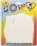 Plaques Hama pour perles à repasser en forme de cœur, avec exemples de panda, arc-en-ciel, chien et oiseau.