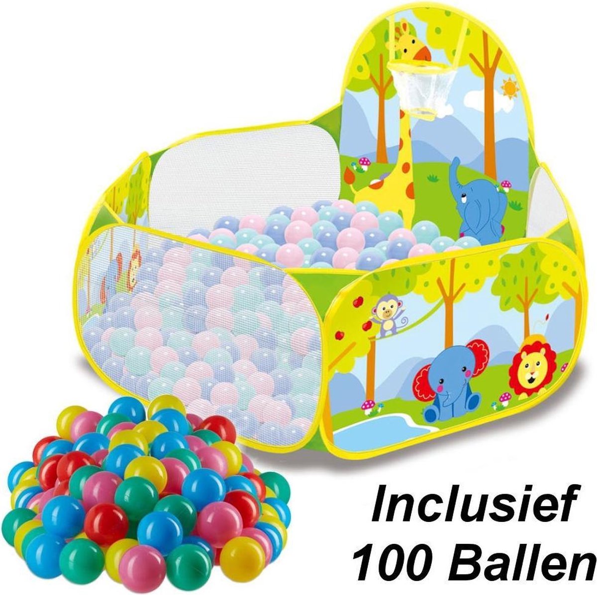 Decopatent® Ballenbak met Basketbal Net - MET 100 Ballen voor Ballenbak - Baby - Dieren print Ballenbad voor kinderen - Ballenbad - Merkloos