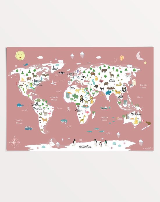 Gelijkenis Ecologie vijandigheid Dieren Wereldkaart Poster voor kinderkamer - Roze Wereldkaart voor kinderen  50x70 cm | bol.com