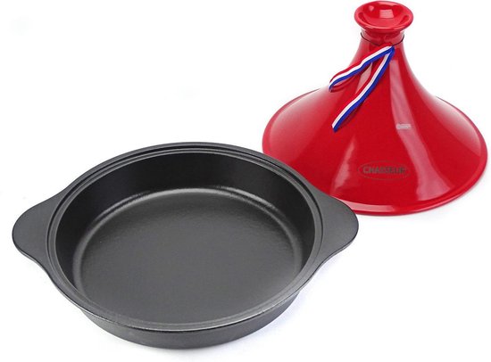 Chasseur Tajine rouge en fonte avec couvercle en c ramique 26 cm bol