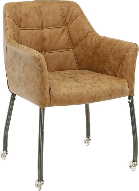 set van 2 design stoelen met wieltjes uit PU-stof lichtbruin en  roestvrijstalen frame | bol.com
