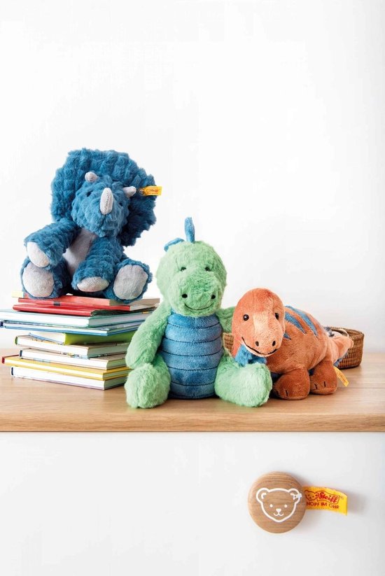 Steiff Soft Cuddly Friends Dixi Triceratops Petrol, 28 cm, dinosaurus knuffeldier van knuffelzacht pluche