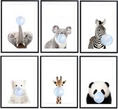 Babykamer/kinderkamer dieren posters - 6 stuks - 30x40 cm - Blauwe Kauwgombel