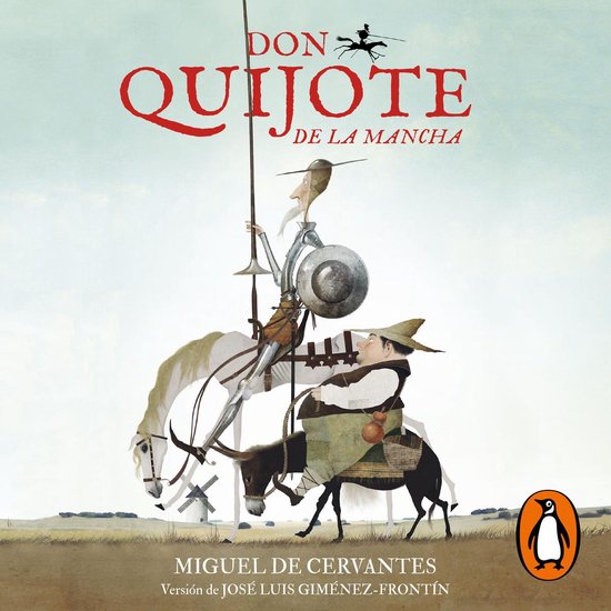Couverture du livre Don Quijote de la Mancha avec Don Quichotte sur un cheval et Sancho Panza sur un âne. Le titre "DON QUIJOTE DE LA MANCHA" est en haut.