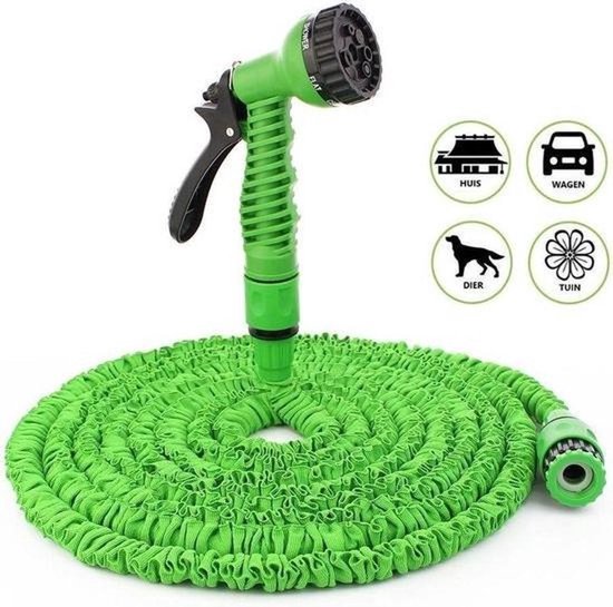 Uitgerolde groene, flexibele tuinslang met sproeihandvat. Iconen voor huis, auto, dier en tuin.