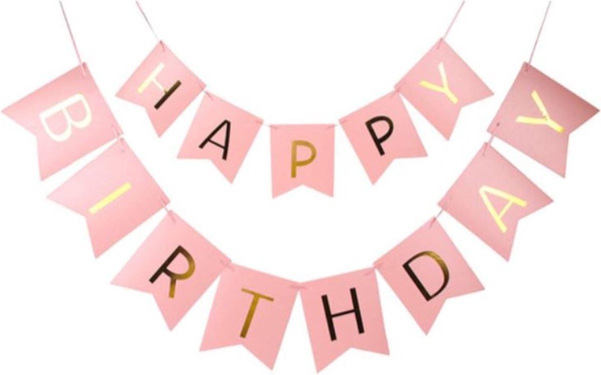 Happy Birthday Slinger Feest Versiering Verjaardag Versiering Vlaggenlijn Feest Decoratie Roze & Goud - 1 Stuk - BTH