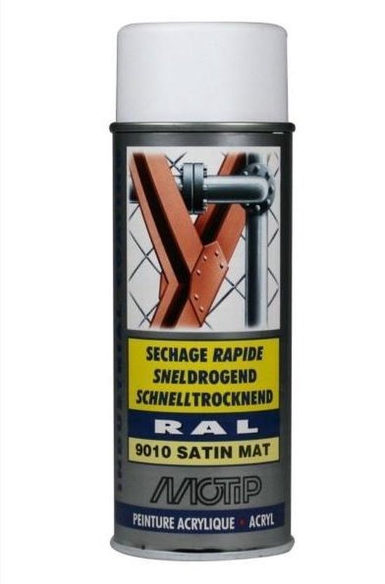 Motip industrial acryllak zijdemat RAL 9010 helder wit 400 ml. bol