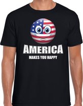 America makes you happy landen t-shirt Amerika zwart voor heren met emoticon S