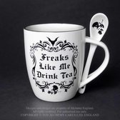 Alchemy Mok/beker met lepel set Freaks Like Me Drink Tea Wit/Zwart