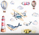 Muursticker - vuurtoren - walvis - luchtballon - vliegtuig - blauw - kinderkamer - woonkamer - jongens & meisjes