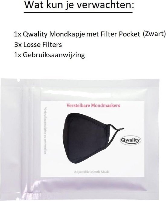 Mondkapje Wasbaar - MET Filter Zakje en 3 Filters - Verstelbaar Mondmasker - Stof - Katoen - Met Neusbrug - Zwart - Qwality - Qwality