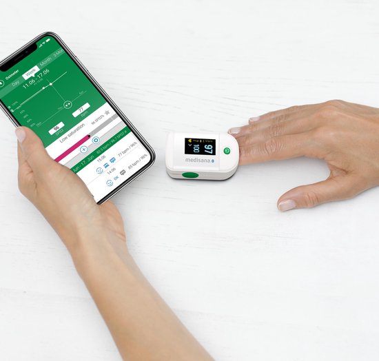 Een hand met een witte medisana pulsoximeter om de vinger, gekoppeld aan een smartphone met groene app.