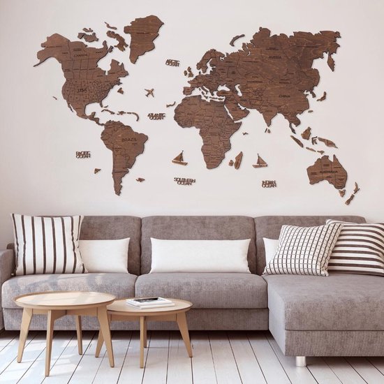 Wereldkaart Eikenhout - Wereldkaart Wanddecoratie - 3D Wereldkaart – Muur Art
