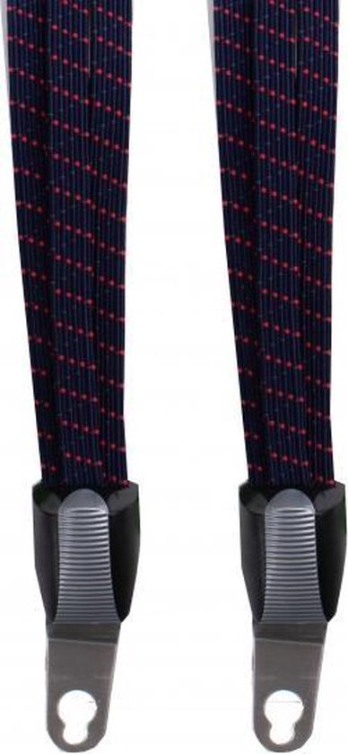 Detail van twee donkerblauwe snelbinders met rode stippen, met zwarte kunststof en zilverkleurige metalen haakjes.