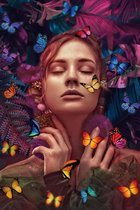 Tableau en verre Femme aux papillons - Tableau en verre Fleurs - 120 x 80 - Couleurs