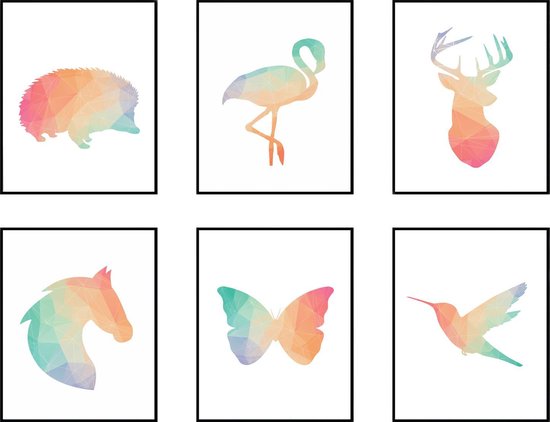 - Poster Set Geometrische Egel Hert Vlinder Flamingo Paard Kolibri - / / Poster
