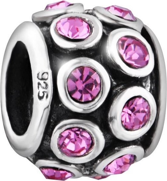 Quiges - 925 - Zilveren - Bedels -Sterling zilver - Beads - Zirkonia Roze Kraal Charm - Geschikt – voor - alle bekende merken - Armband Z657