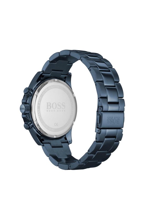 Blauw stalen BOSS polshorloge, achterkant met logo en specificaties.