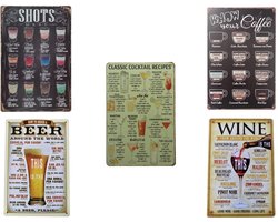 Homeson Wandbord Multipack 5x - Wandbord Bier Koffie Shotjes Cocktail Wijn - Mancave Wandborden - Mancave Decoratie - Retro - Moederdag - Sfeervol/Decoratief/Nuttig - Inclusief Ophang Gaatjes - 30cm x 20cm - Leuk als Cadeau