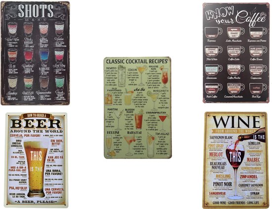 Wanddecoratie Moederdag Woning Interieur Metaal Multipack 5x Koffie Bier Shotjes Cocktail Wijn Menu - Metalen Wandbord - Wanddecoratie - Retro - Emaille bord - Sfeervol/Decoratief/Nuttig - Inclusief Ophang Gaatjes - 30cm x 20cm - Leuk als Cadeau