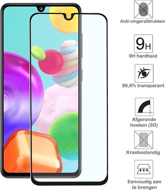Screenprotector met pictogrammen: anti-vingerafdrukken, 9H hardheid, 99,9% transparant, afgeronde hoeken (3D), krasbestendig, eenvoudig aan te brengen.