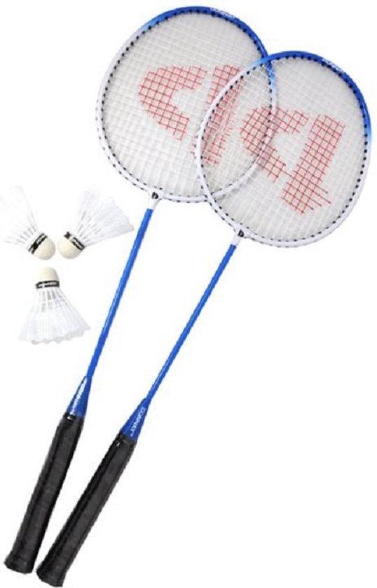 Donnay badminton set - 2 racket (blauw/wit/zwart) + 3 shuttles en bewaartas
