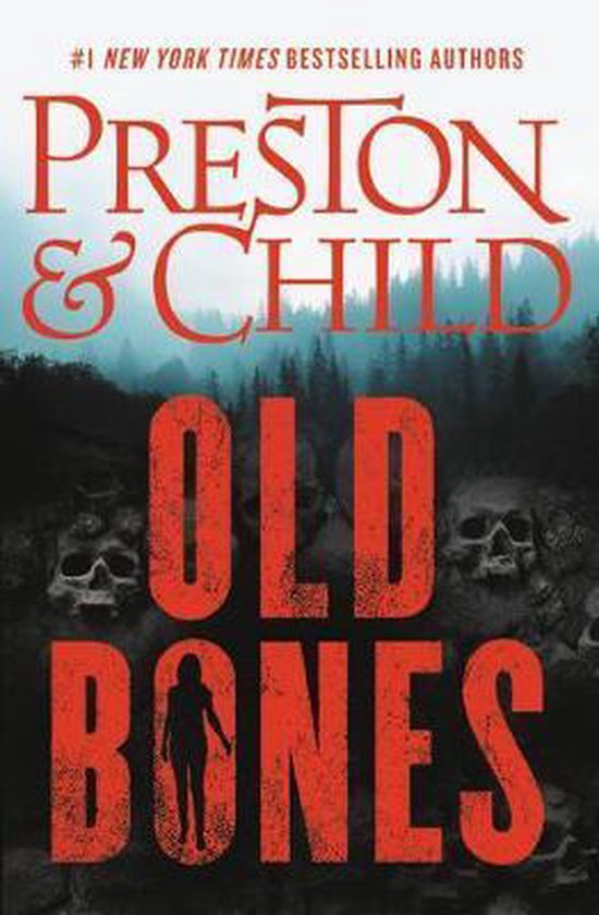 Boek 'Old Bones' van Preston & Child met schedels en een silhouet van een vrouw.